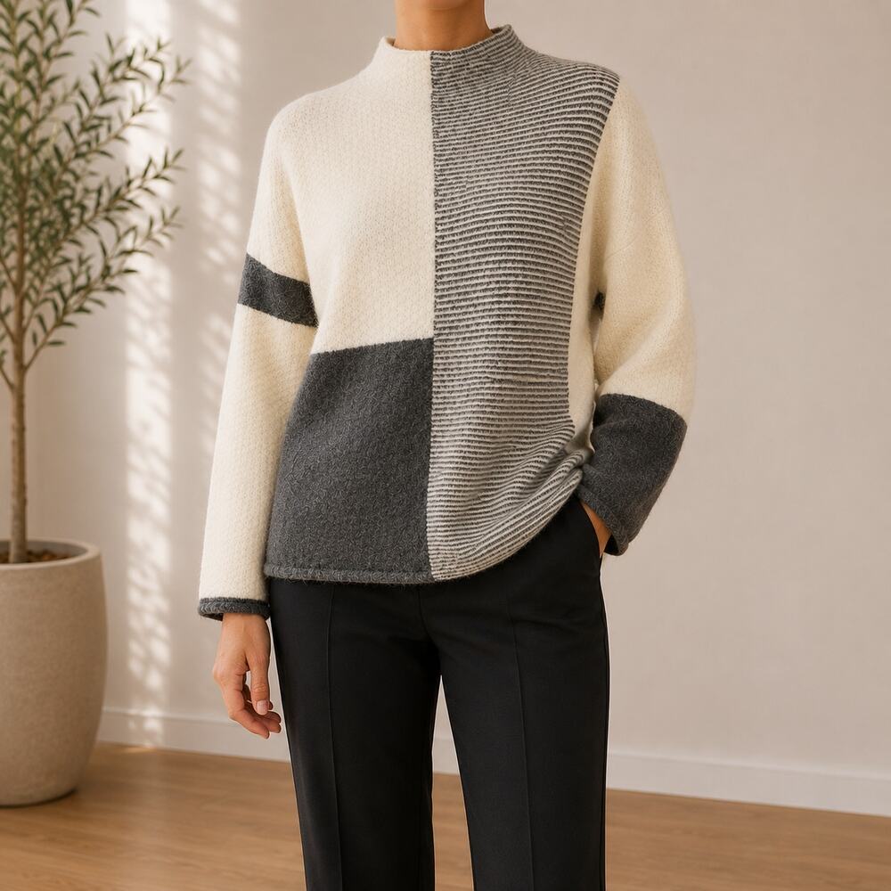 Cyrus Womens Colorblock Mock Sweater Size L Gray Cream Wool Blend Boxy Soft Chic
